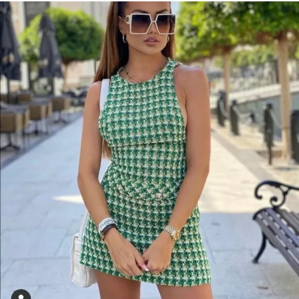 ZARA Houndstooth Textured Pinafore Dress